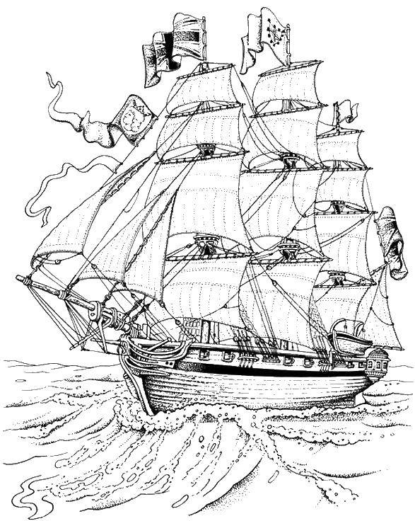 Название: Раскраска Огромный корабль в море. Категория: Пираты. Теги: пираты, корабль, море.