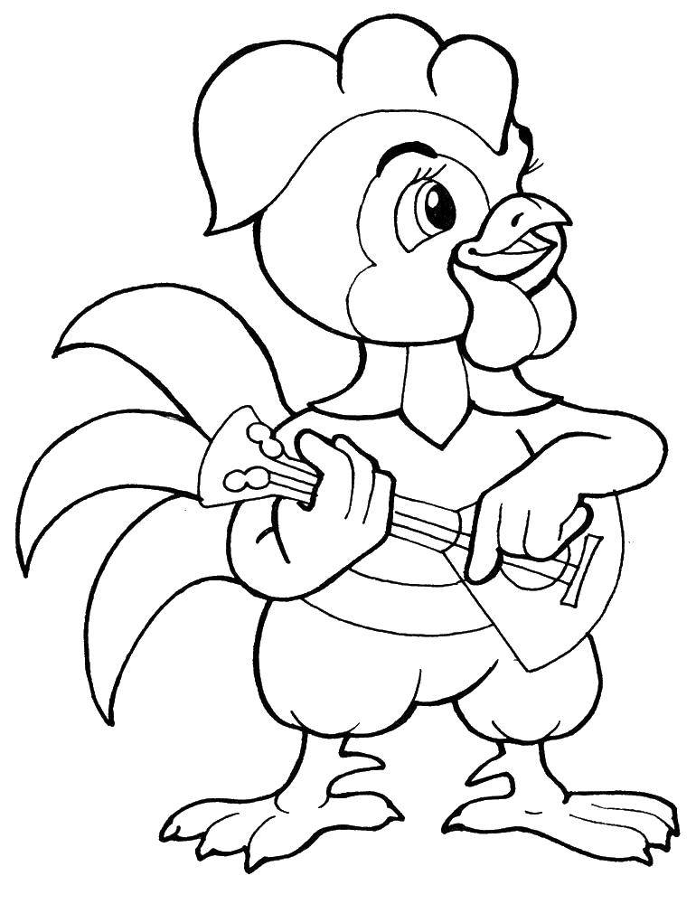 Coloring Cock with a balalaika. Category birds. Tags:  poultry, rooster, balalaika.