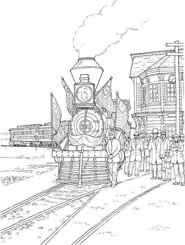 Название: Раскраска Поезд и люди. Категория: поезд. Теги: поезд, люди, рельсы.