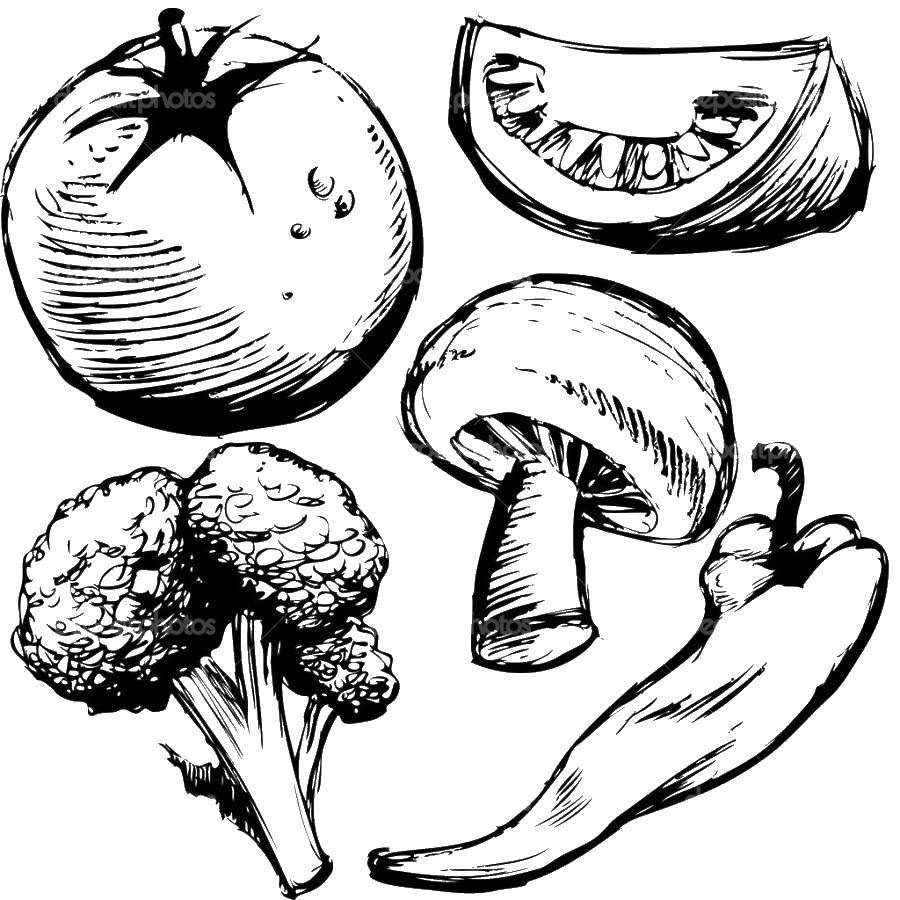Название: Раскраска Помидор, гриб, перец, брокколи. Категория: Еда. Теги: еда, овощи.