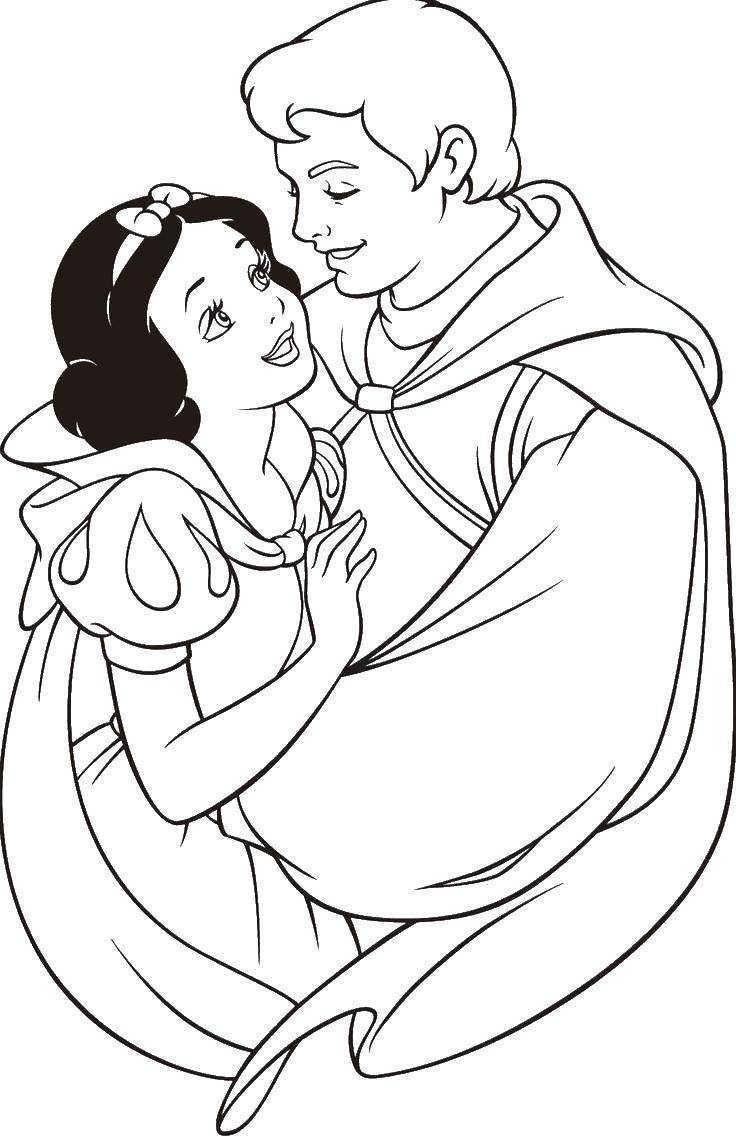 Coloring Prince hugs snow white. Category snow white. Tags:  Prince, Princess, fairy tale, Snow white.