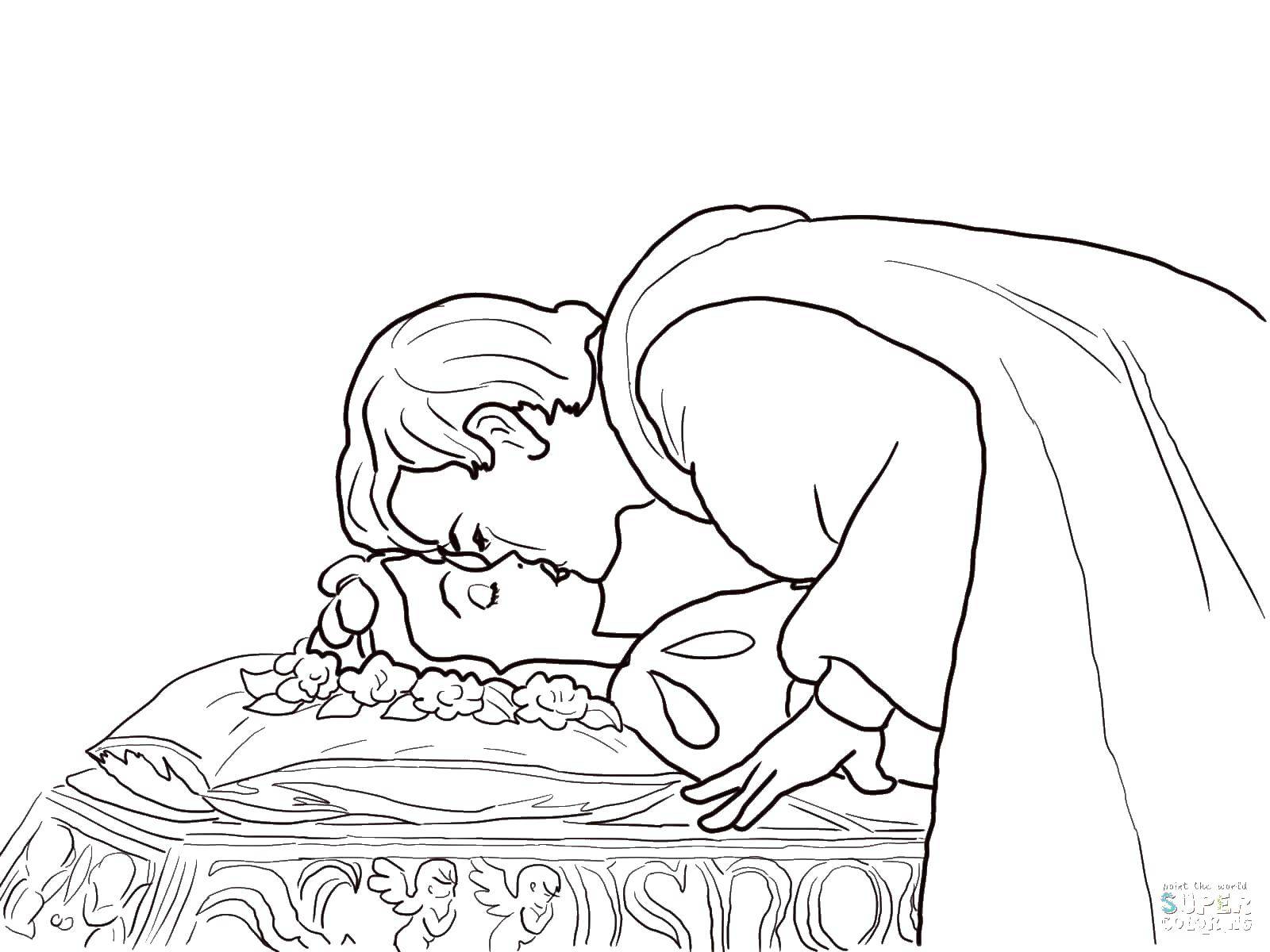 Название: Раскраска Принц целует белоснежку. Категория: белоснежка. Теги: принцессы, мультфильмы, сказки, Белоснежка.