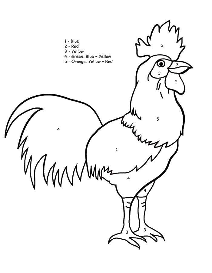 Coloring Paint a rooster on colors. Category birds. Tags:  the birds, the roosters, the numbers.