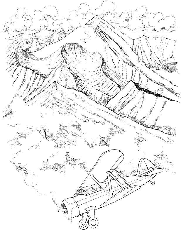 Название: Раскраска Самолет в горах. Категория: Природа. Теги: природа, горы, самолет.
