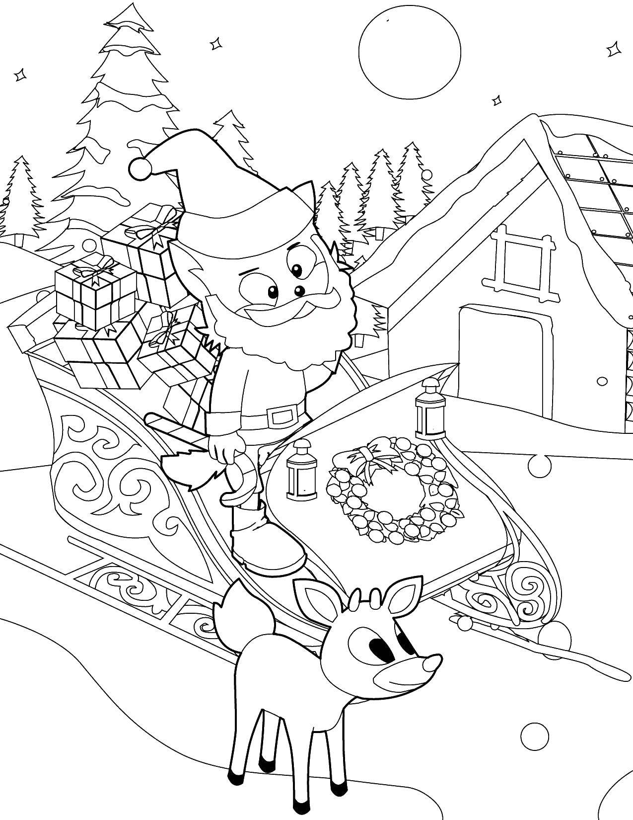 Название: Раскраска Санта на санях и олененок. Категория: Рождество. Теги: рождество, Санта Клаус, олени, сани.