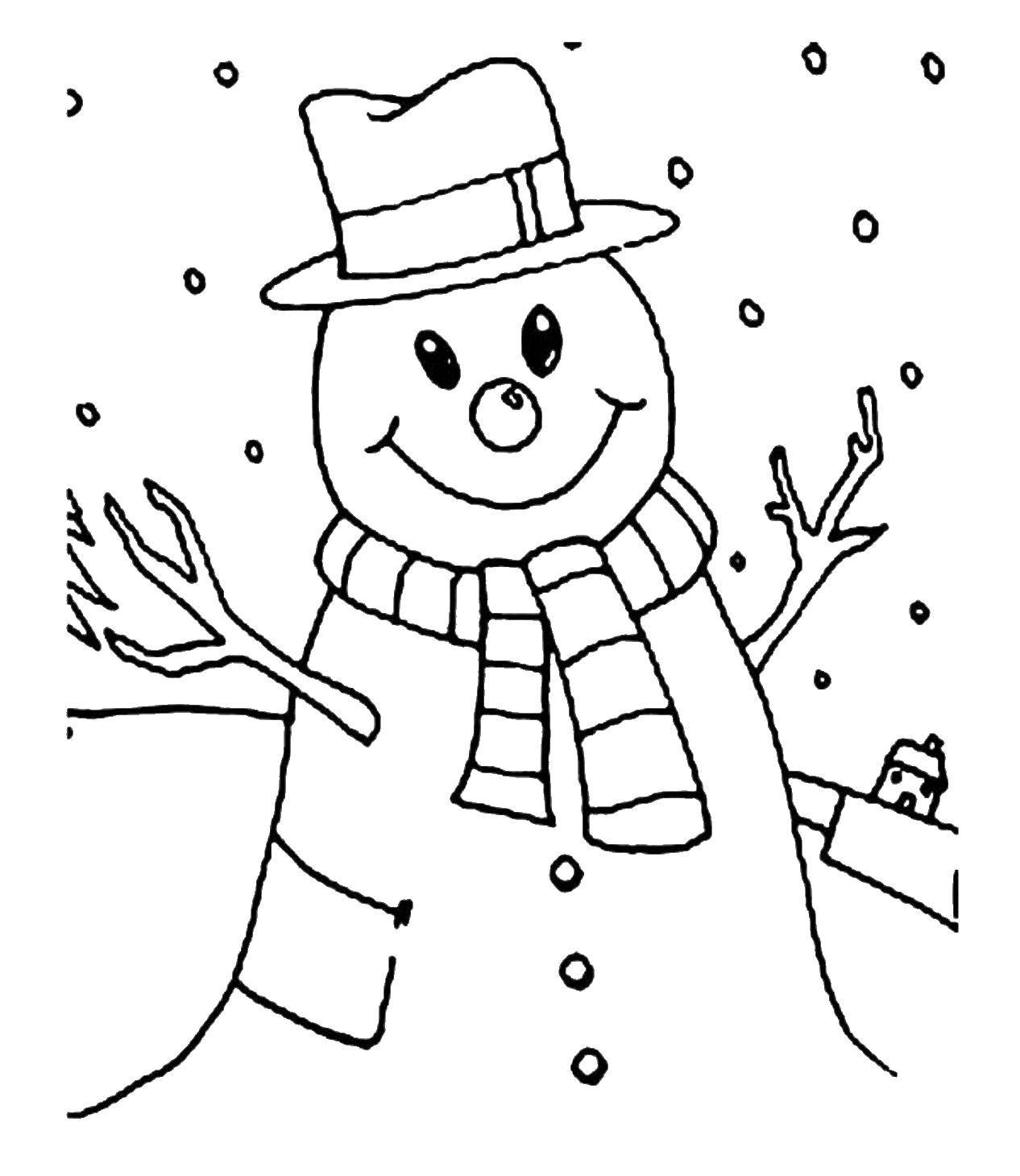 Название: Раскраска Снеговик под снегопадом. Категория: раскраски. Теги: снегопад, снеговик.