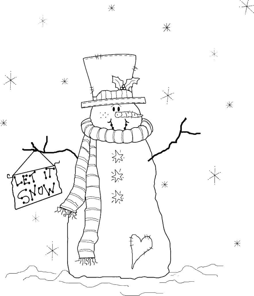 Название: Раскраска Снеговик в шляпе. Категория: снеговик. Теги: снеговик, снег, зима.
