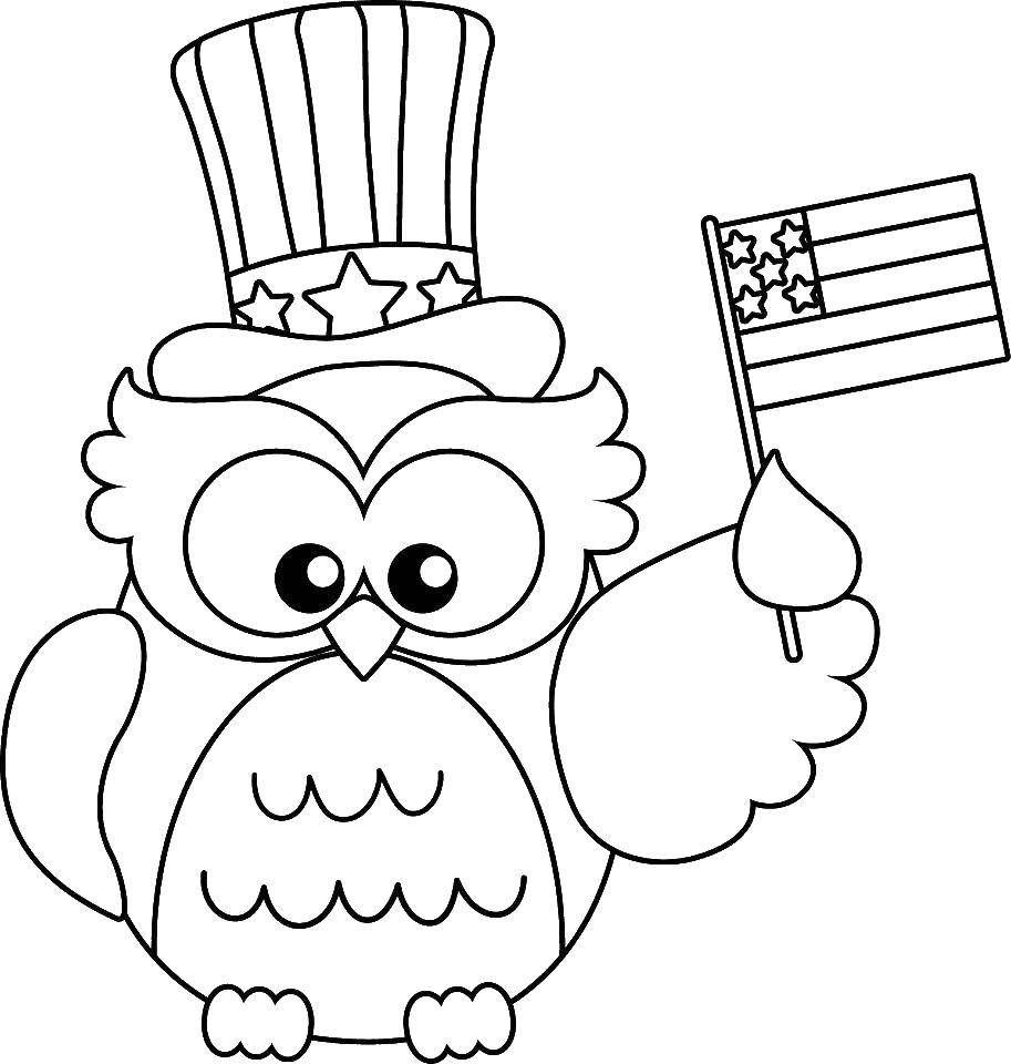 Название: Раскраска Сова с флажком америки. Категория: США. Теги: сша, сова, америка, флажок.