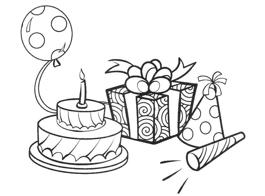 Раскраски Раскраска Торт с подарком день рождения, скачать распечатать  раскраски.