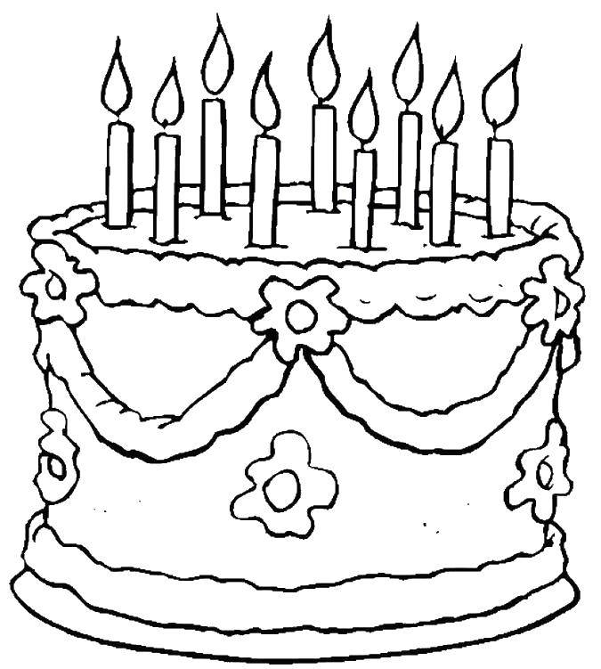 Раскраски Раскраска Торт со свечками торты, Раскраски день рождения.