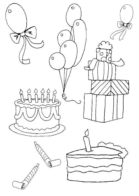 Название: Раскраска Торты, шарики, подарки. Категория: раскраски. Теги: праздник, торты, шарики, подарки.