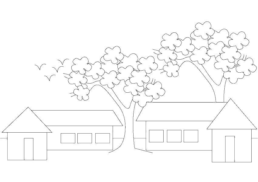 Coloring Flowering tree near the house. Category home. Tags:  house, tree, children.