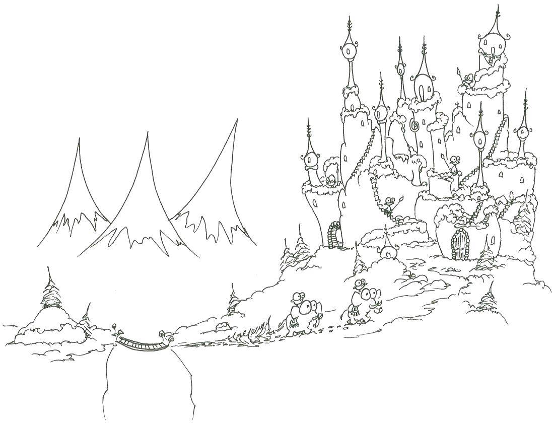 Название: Раскраска Зимний замок. Категория: замки. Теги: замки, снег, зима, сказка.