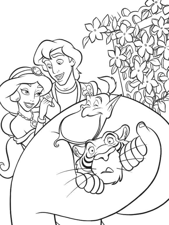 Coloring Aladdin and Jasmine, Abu and Genie. Category Disney coloring pages. Tags:  Disney, Aladdin, Jasmine, Genie.