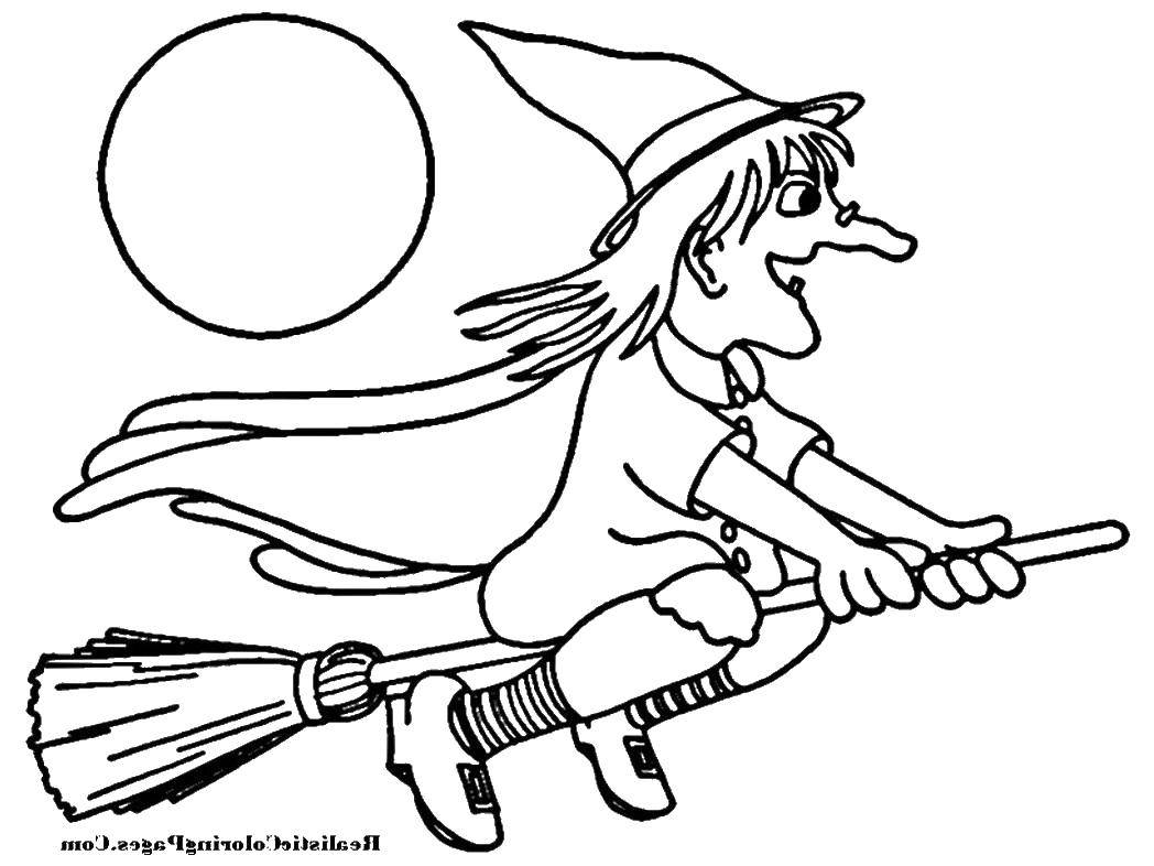 Coloring Baba Yaga flying on a broom. Category Halloween. Tags:  Halloween, witch, night, broom.