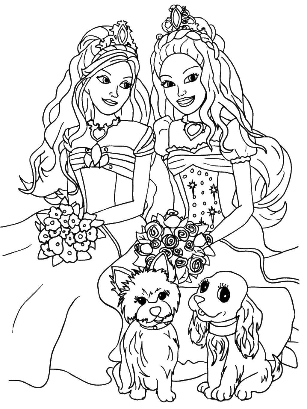 Coloring Barbie and dogs. Category For girls. Tags:  Barbie , crowns, bouquets, dogs.