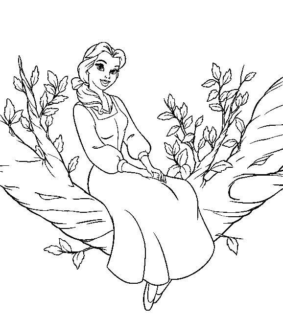 Coloring Belle on the tree. Category Princess. Tags:  princesses, cartoons, fairy tales, beauty and the Beast, Belle.