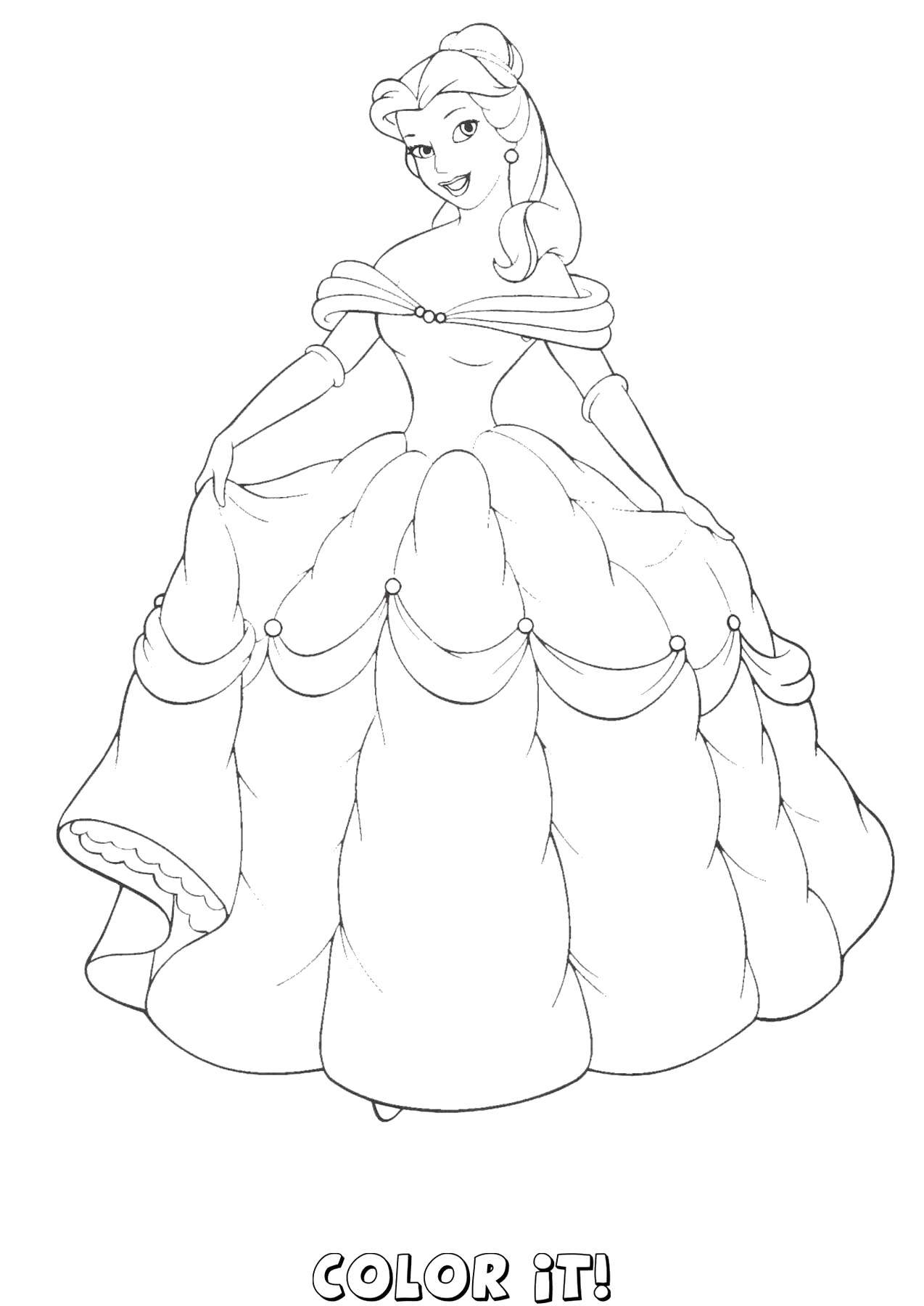 Название: Раскраска Бэлль нравится её платье. Категория: Принцессы. Теги: Красавица и Чудовище, Дисней.