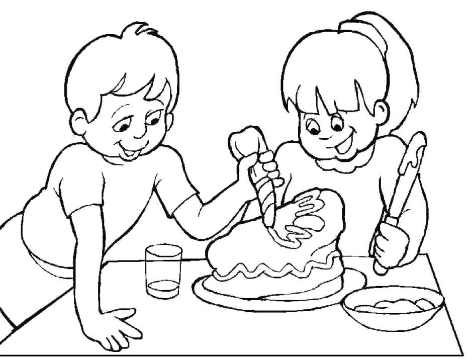 Coloring Kids in the kitchen making a cake. Category children. Tags:  Kids game, cake.