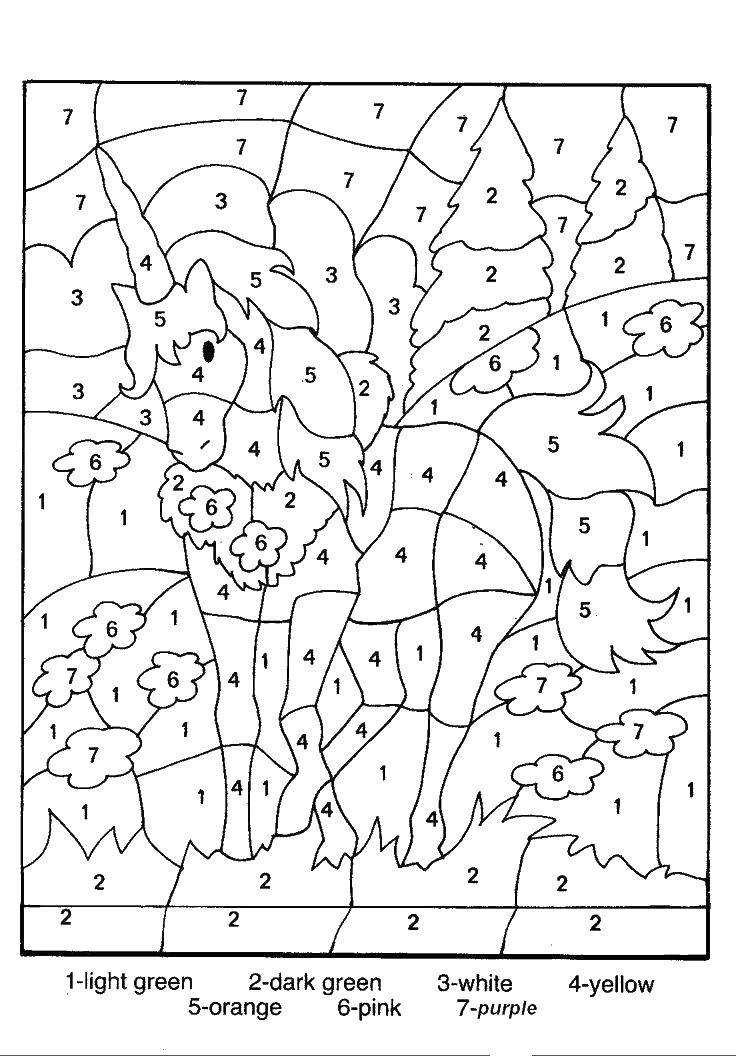 Название: Раскраска Единорог в лесу. Категория: По номерам. Теги: единорог, цветы, елки.