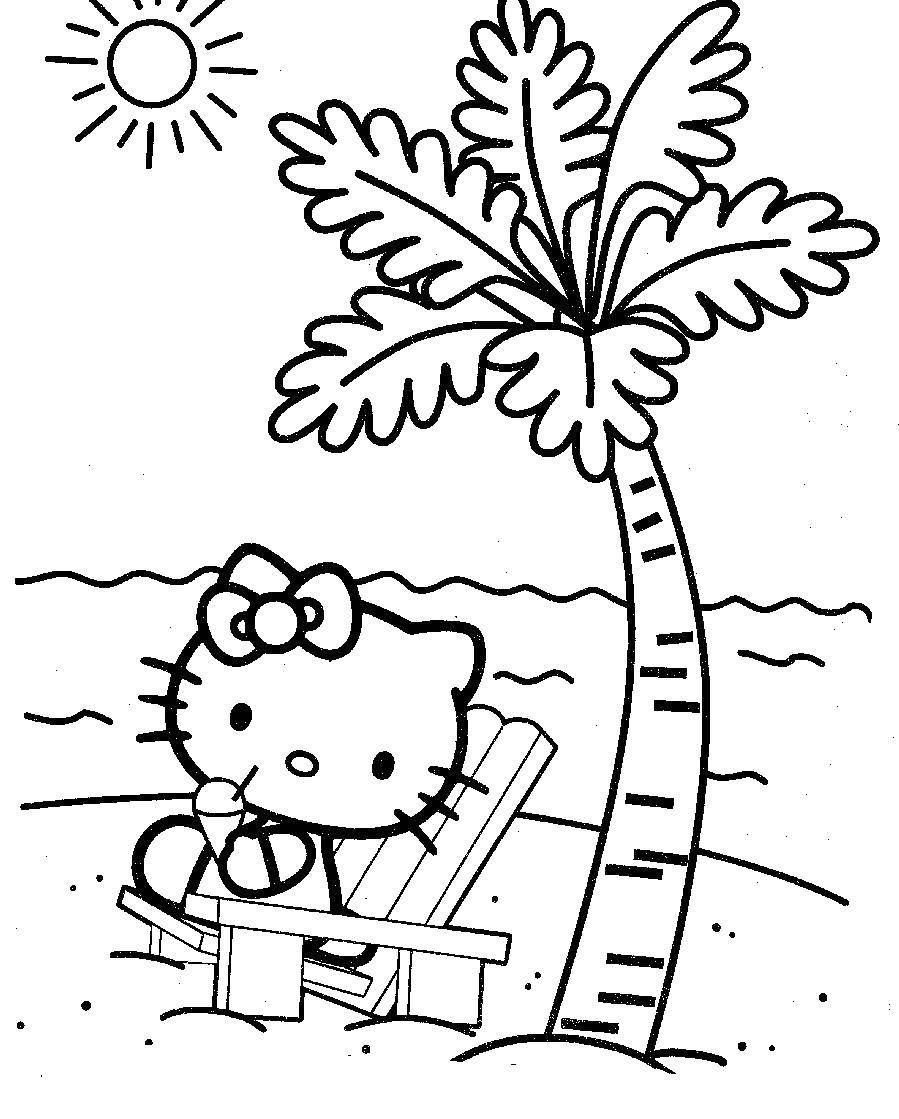Coloring Hello kitty under a palm tree. Category Summer beach. Tags:  Hello kitty, sand, sea, palm tree, ice cream.