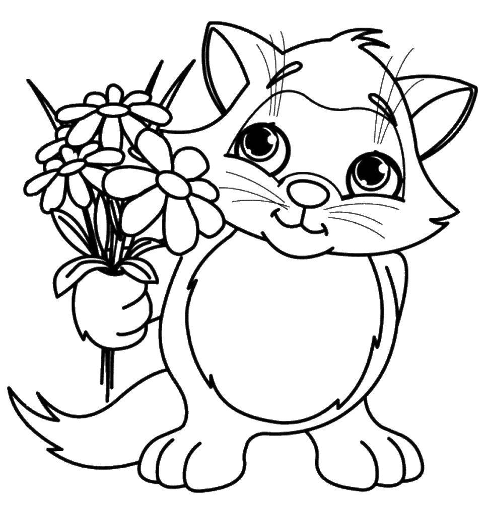 Название: Раскраска Кошка с цветами. Категория: Кошка. Теги: кошка, цветы.