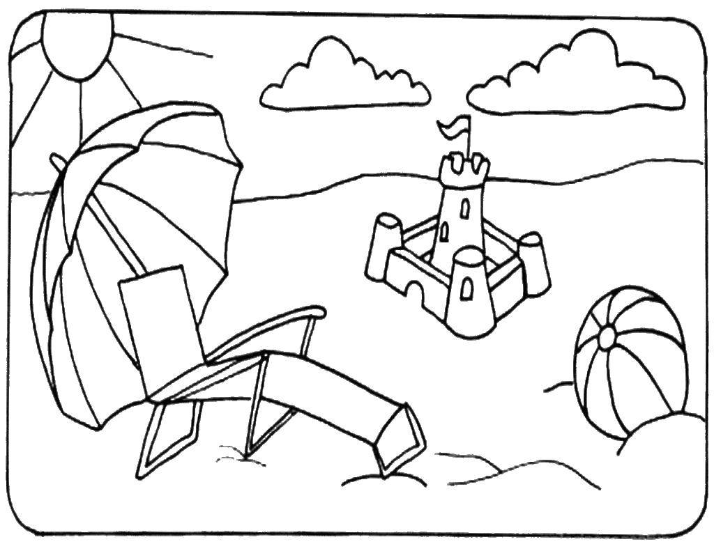 Название: Раскраска Лежак и замок песочный. Категория: Летний пляж. Теги: лежак, замок, мяч, зонт.
