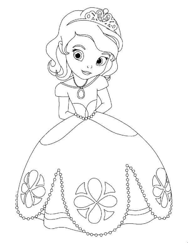 Название: Раскраска Маленькая принцесса. Категория: Для девочек. Теги: принцесса, платье, корона.