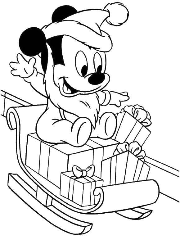 Coloring Little Mickey on a sled. Category Disney coloring pages. Tags:  Mickey, sleds, gifts, Christmas.
