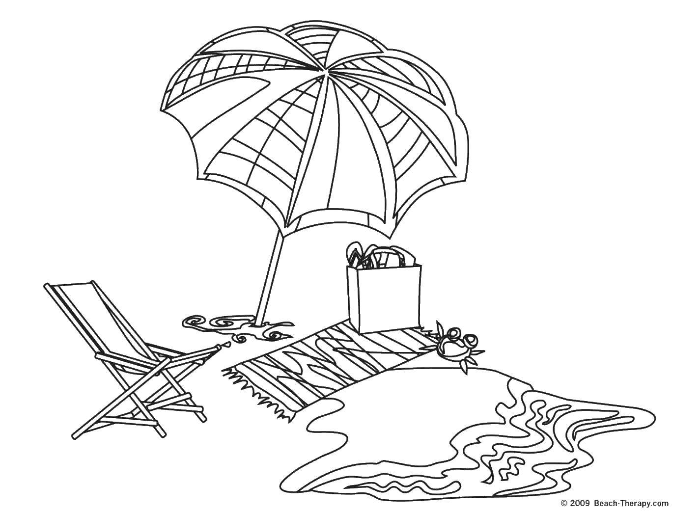 Название: Раскраска Маленький пляж. Категория: Летний пляж. Теги: лежак, замок, мяч, зонт.