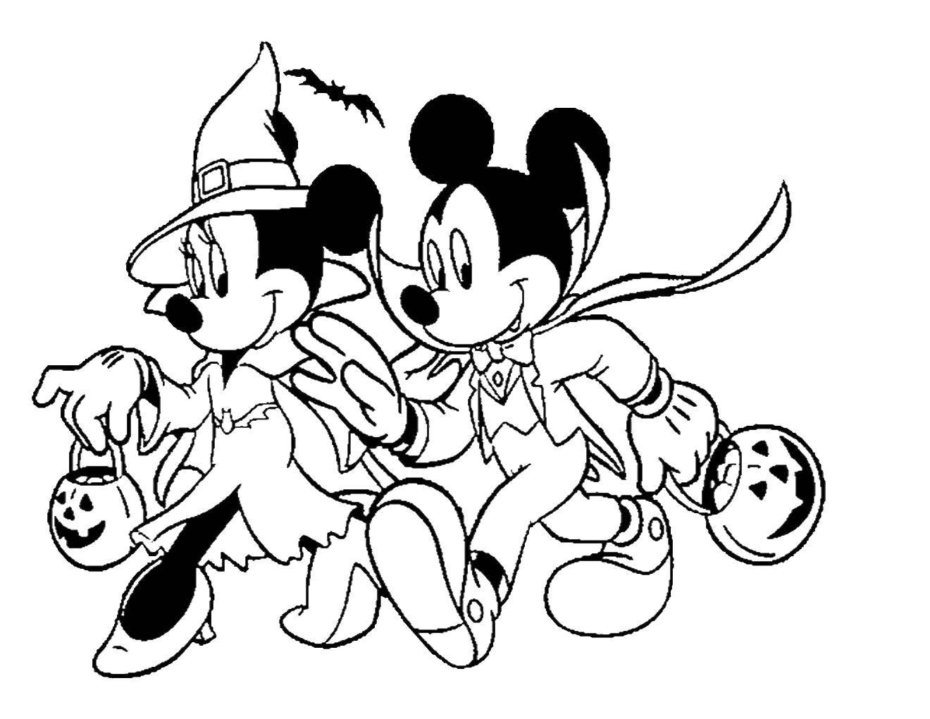 Coloring Mini and Mickey mouse on Halloween. Category Halloween. Tags:  Mickey mouse, Mini mouse, cartoons, Halloween.