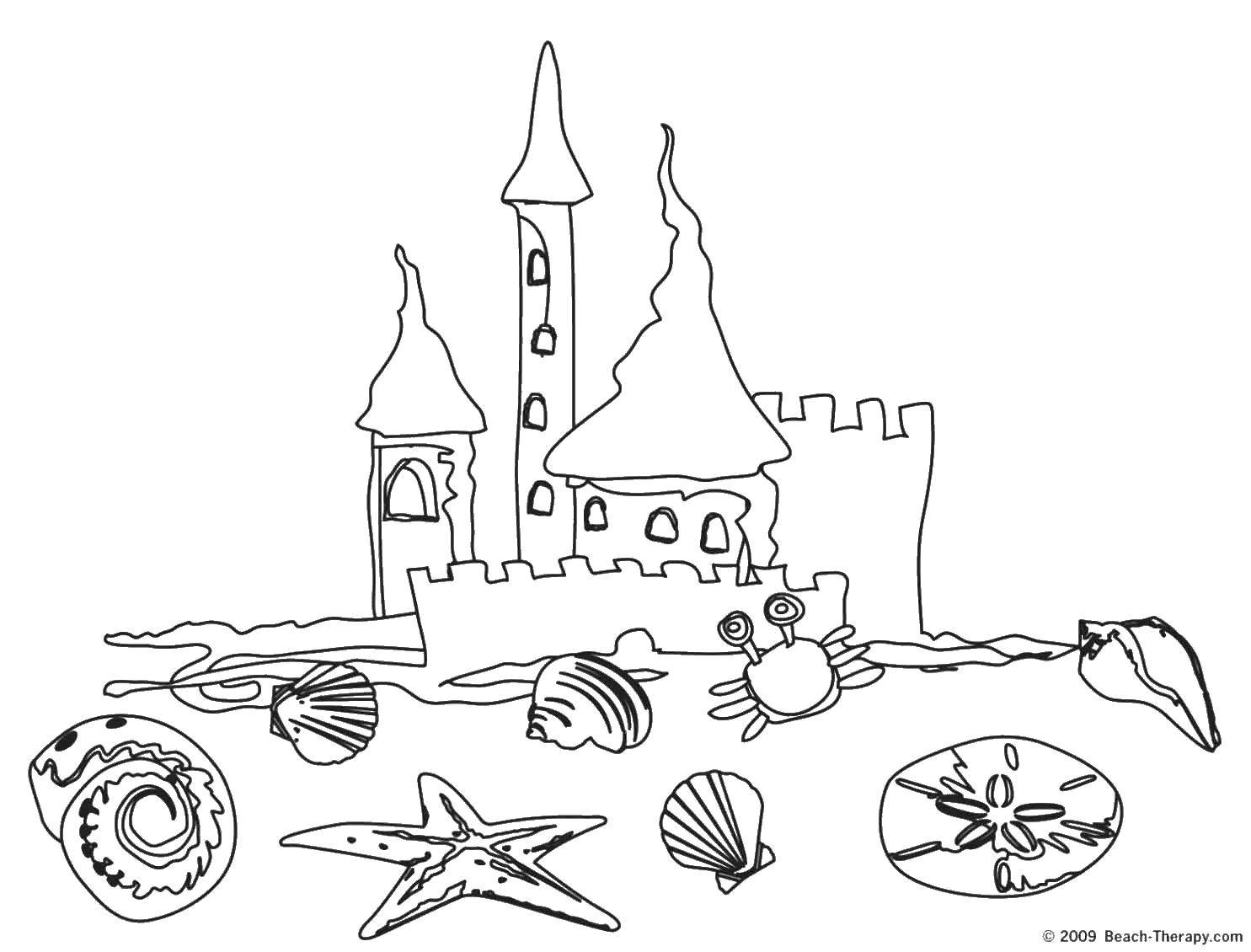 Название: Раскраска Песчаный замок и ракушки. Категория: Летний пляж. Теги: замок, песок, ракушка, морская звезда.