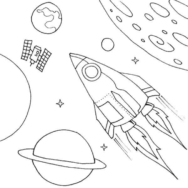 Название: Раскраска Планеты и ракета. Категория: Космос. Теги: ракета, луна, спутники, планеты, звезды.