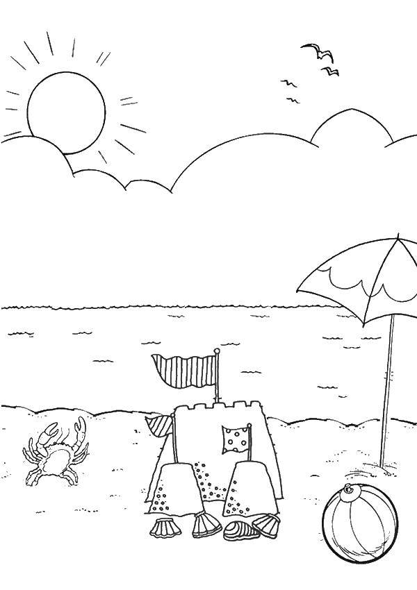 Название: Раскраска Пляж с песочным замкои. Категория: Лето. Теги: лето, пляж, песок.