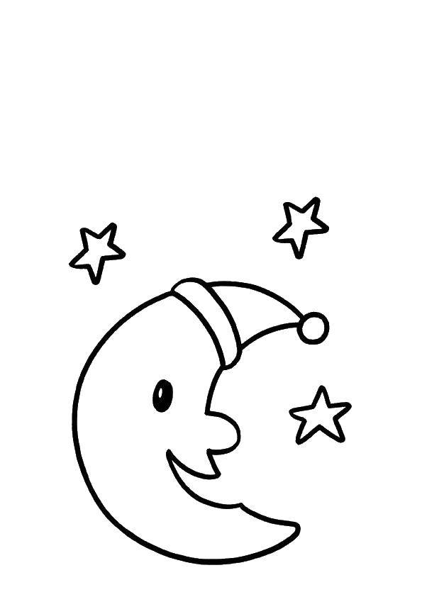 Coloring Crescent moon with stars. Category Coloring pages for kids. Tags:  Night, month, star.