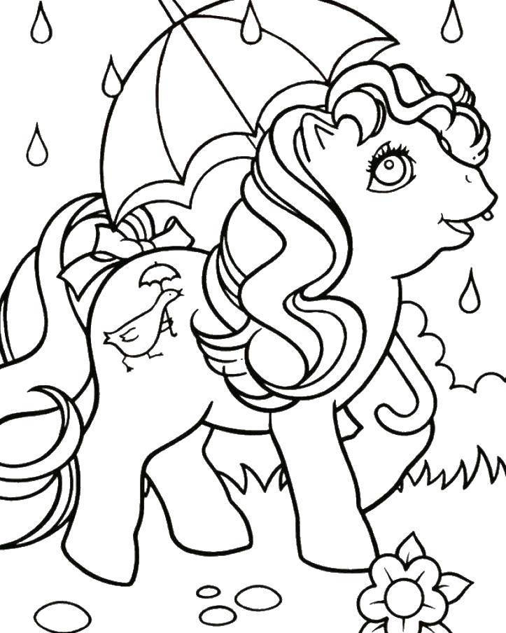 Coloring A pony with an umbrella in the rain. Category Ponies. Tags:  ponies.