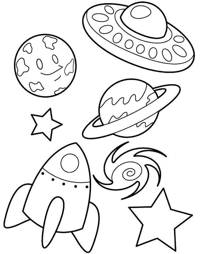 Coloring Rocket and planets. Category Space. Tags:  rocket, planet, saucer, stars.