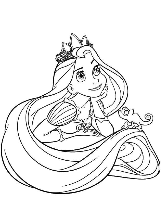 Coloring Rapunzel with chameleon. Category Disney coloring pages. Tags:  tangled, chameleon, hair.
