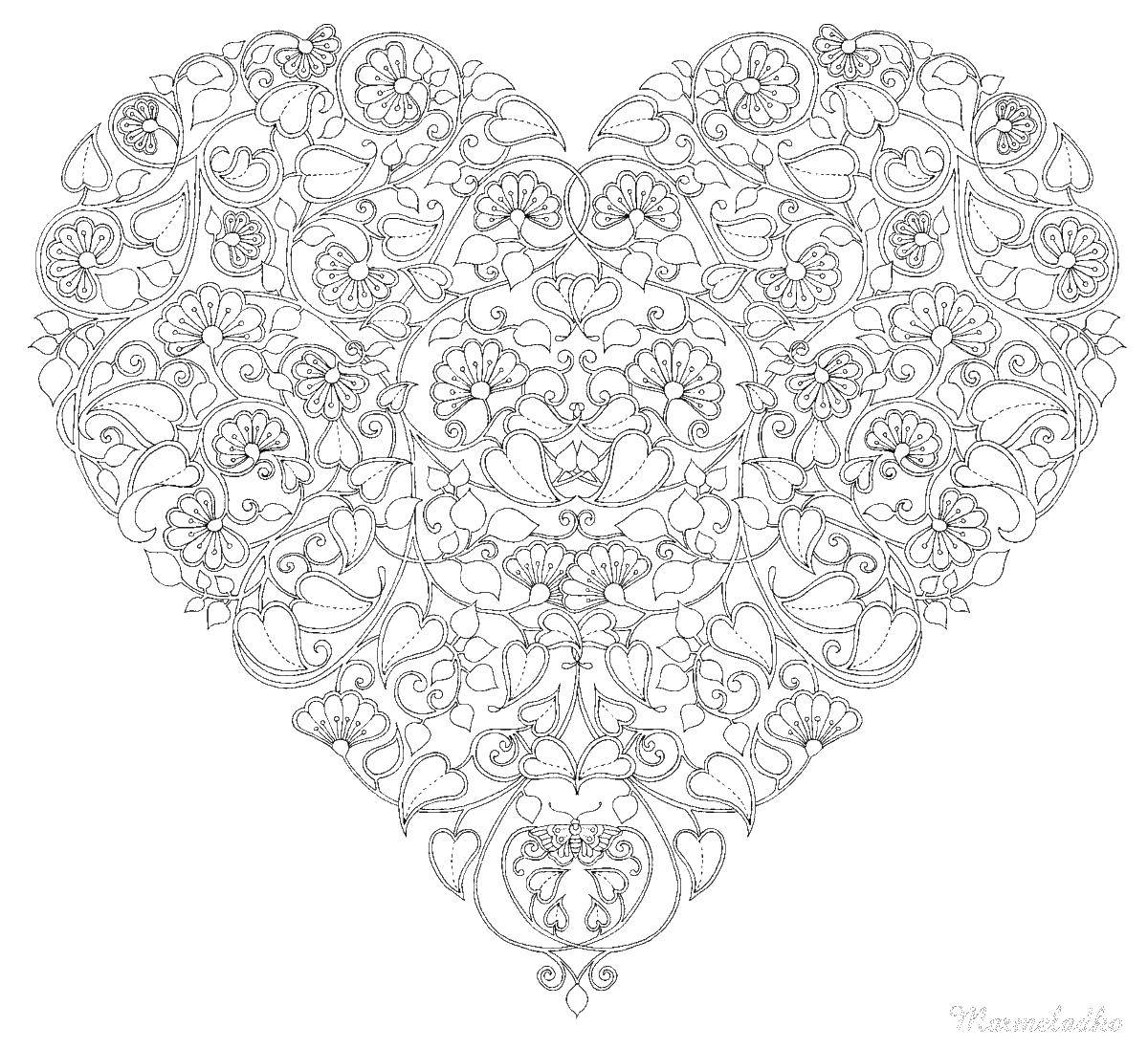 Coloring Heart and flowers. Category coloring antistress. Tags:  heart, patterns.