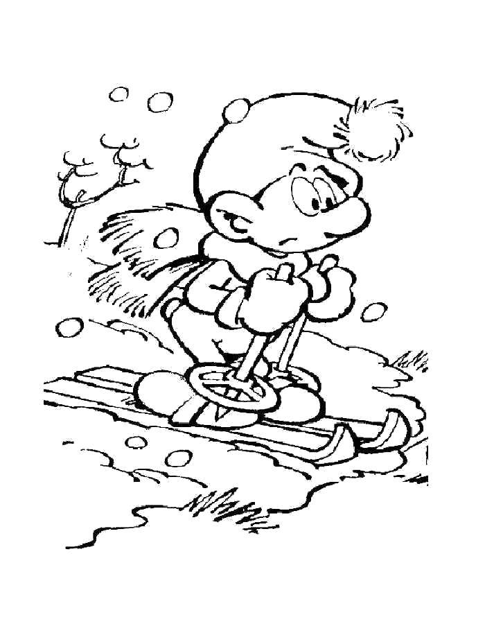 Название: Раскраска Смурфик катается на лыжах. Категория: Персонаж из мультфильма. Теги: Персонаж из мультфильма, Смурфики, веселье.