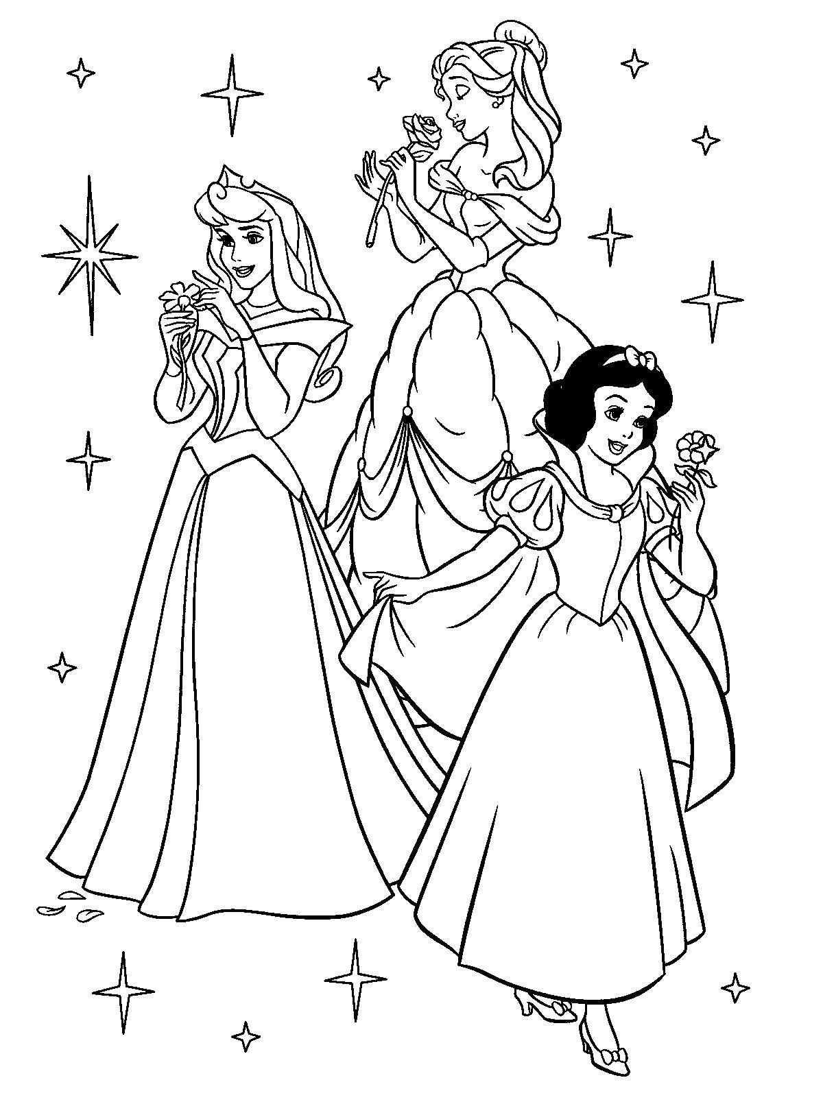 Название: Раскраска Три героини диснея. Категория: Диснеевские раскраски. Теги: принцессы, Белоснежка, цветы.