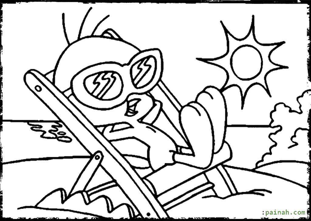 Coloring Twitty basking on the beach. Category Summer. Tags:  Tweety, Disney.