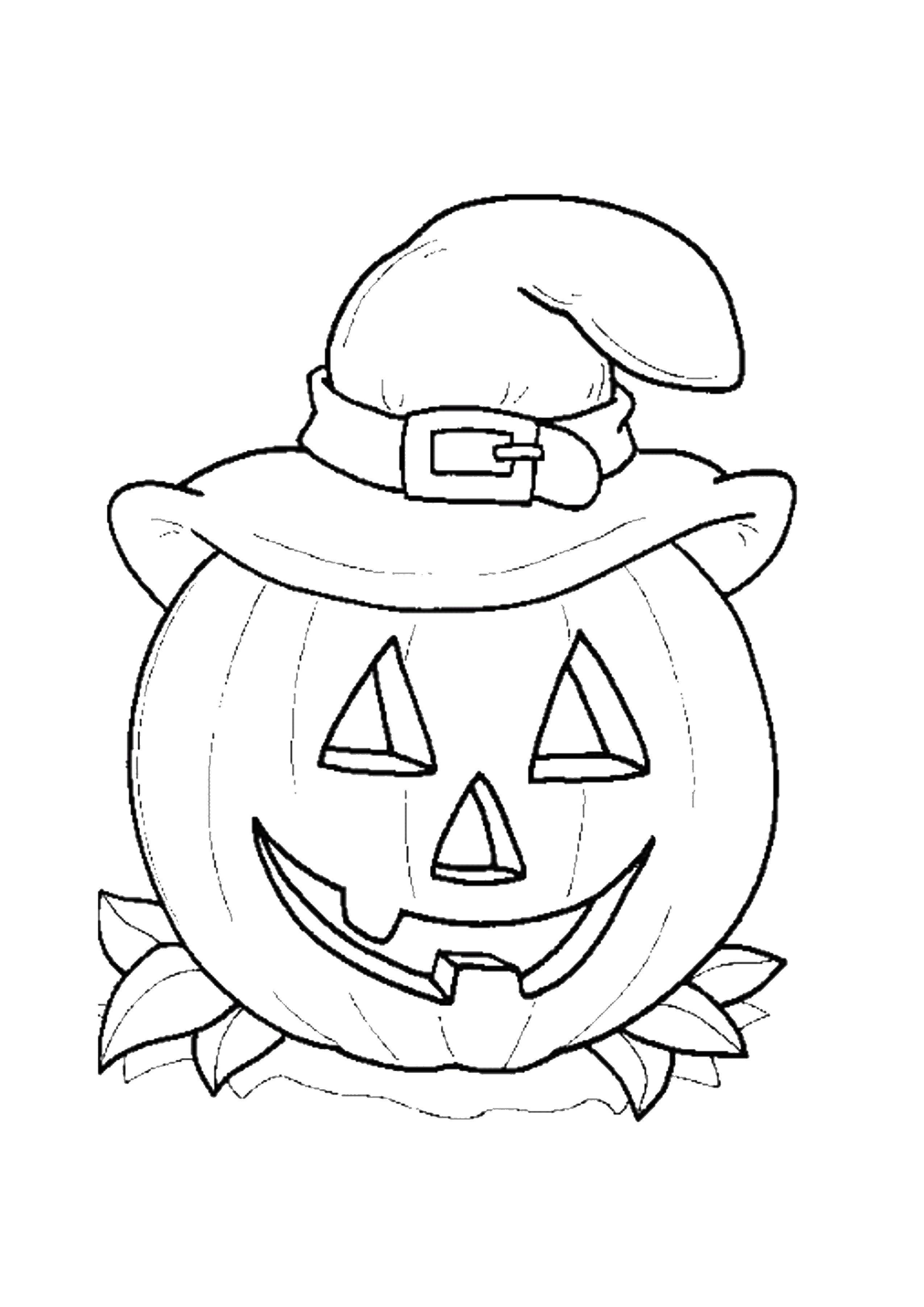 Название: Раскраска Тыква в шляпе. Категория: Хэллоуин. Теги: тыква, шляпа, глаза, рот.