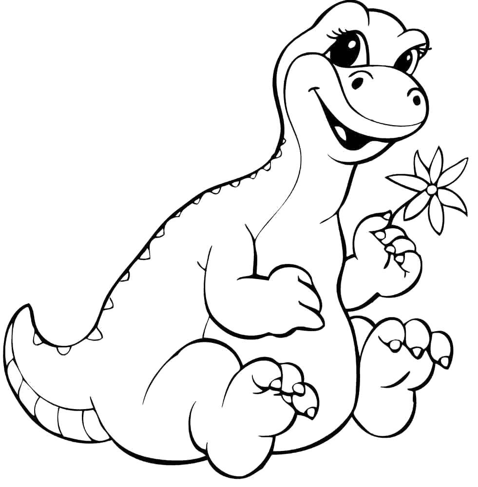 Название: Раскраска Веселый динозаврик с цветком. Категория: динозавр. Теги: Динозавры.