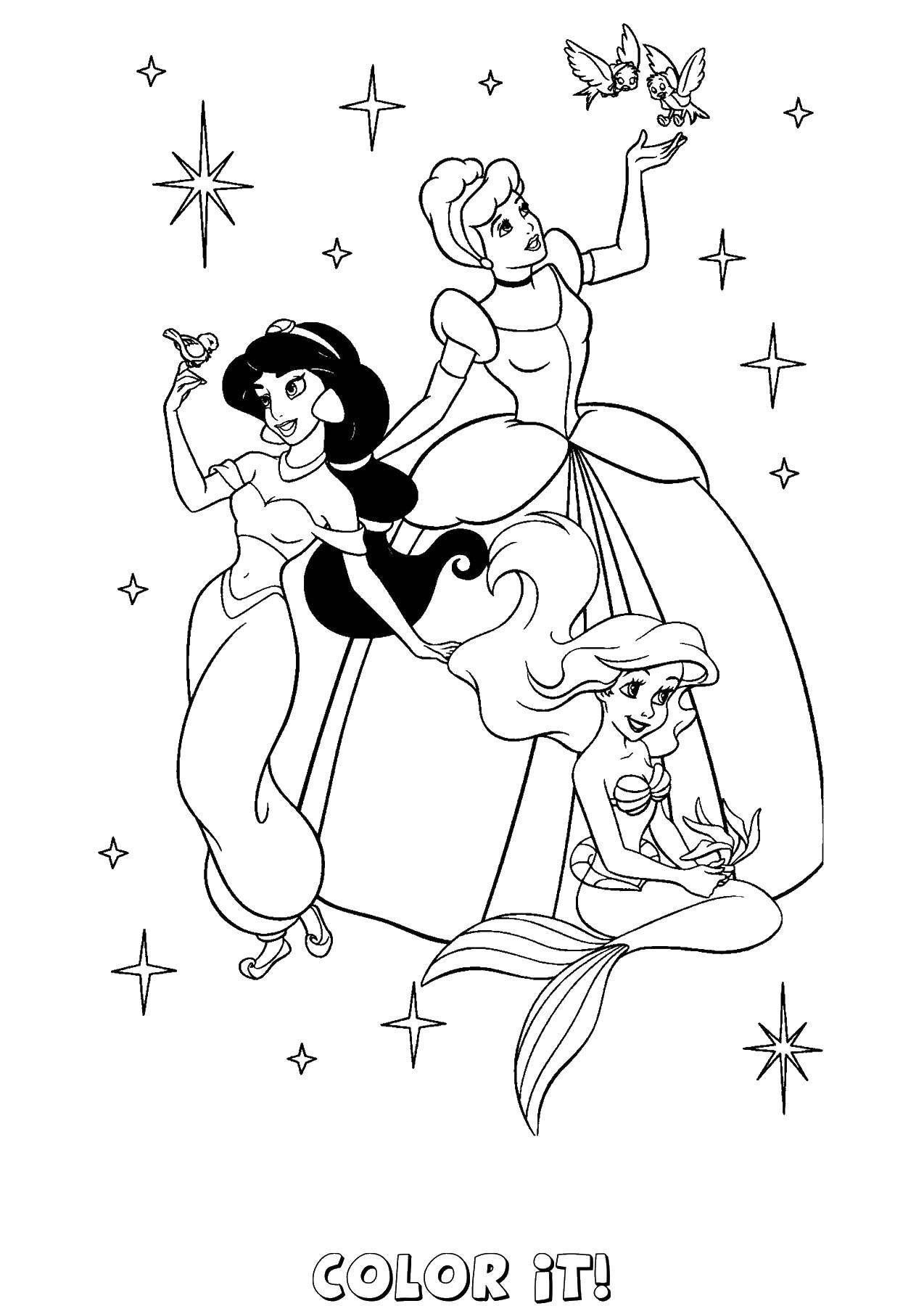 Coloring Jasmine, Ariel and Cinderella. Category Princess. Tags:  Disney, Princess.