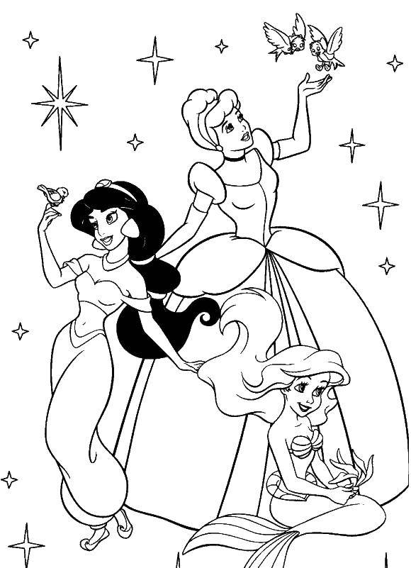 Название: Раскраска Жасмин, ариэль и золушка. Категория: Для девочек. Теги: диснеевские принцессы, сказки, мультфильмы.