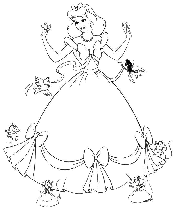 Coloring Cinderella with birds and mice. Category For girls. Tags:  Cinderella, birds, mouse, bows.