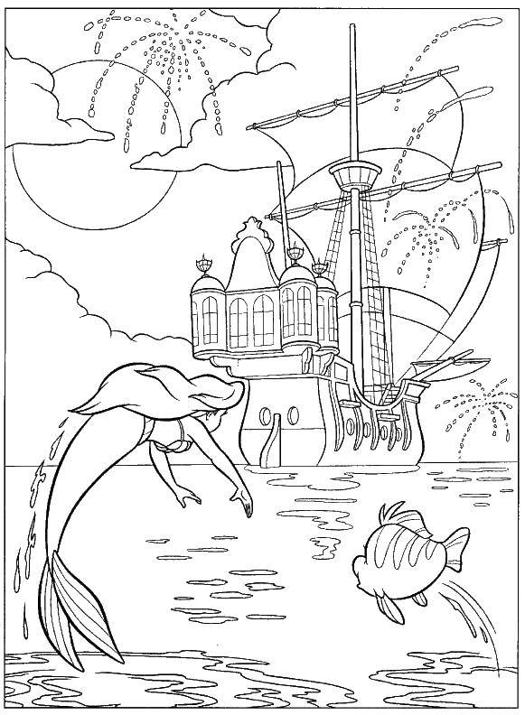 Coloring Ariel and flounder swim to the ship. Category The little mermaid. Tags:  Disney, the little mermaid, Ariel.