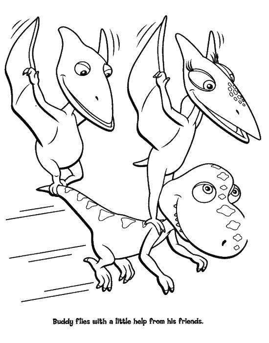 Название: Раскраска Бадди летает с помощью друзей. Категория: парк юрского периода. Теги: Динозавры.