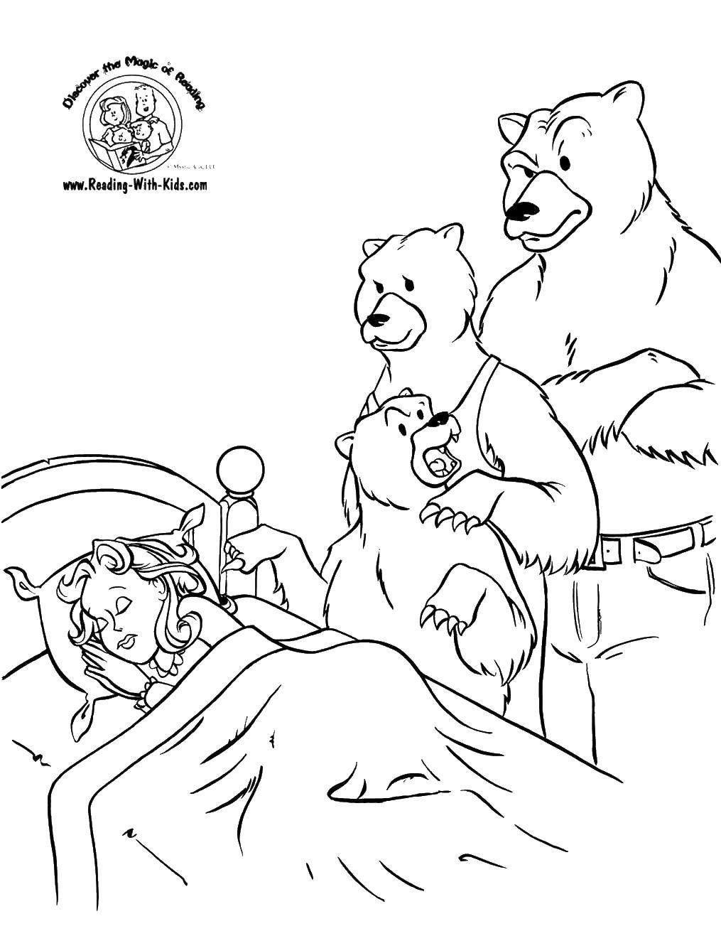 Название: Раскраска Маша уснула дома у медведей. Категория: Сказки. Теги: Сказки, Три Медведя.